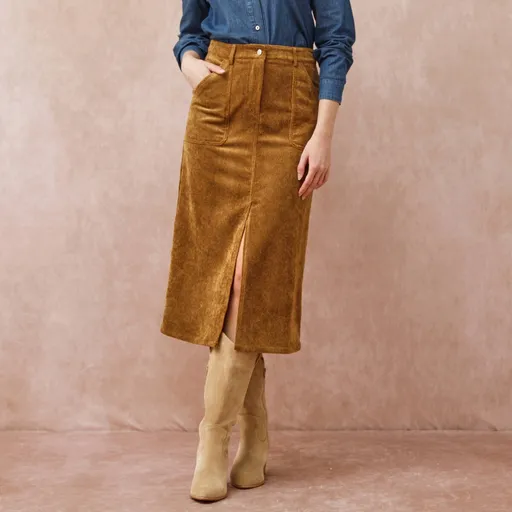 Fustă midi cu buzunare și crăpătură frontală, din catifea reiată