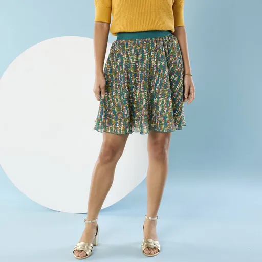 Fustă scurtă evazată cu imprimeu, pentru o siluetă mai mică