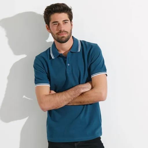 Tricou polo din piqué cu mânecă scurtă și dungi pe mâneci și guler