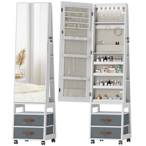 HOMCOM Oglindă Dulap pentru Bijuterii cu LED Interior Roți Pivotant 360° Rafturi Deschise Sertare din Material Textil Alb | Aosom Romania