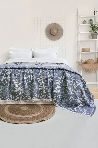 Set cuvertura de pat dubla 3 piese, L'essentiel Maison, Amore, Bumbac , Albastru navy