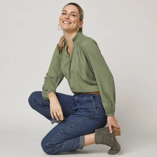 Bluză cămașă de culoare solidă cu decolteu cu volane