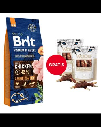Pachet BRIT Premium By Nature Senior Small Medium S+M Chicken 15 kg + WOOLF Chicken And Rawhide Twister 2 x 100g GRATIS
