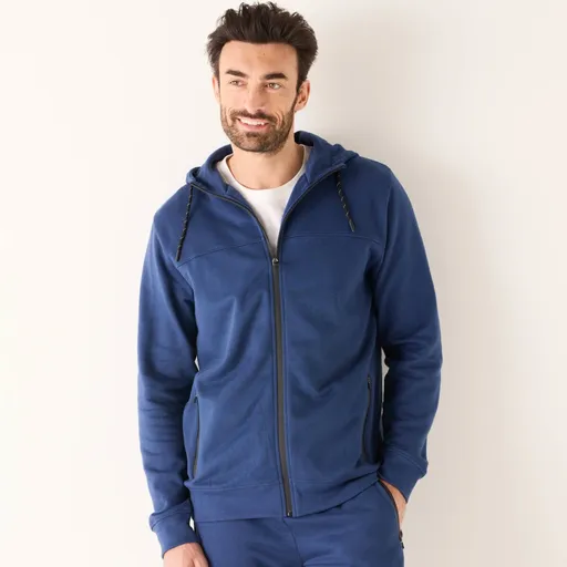 Hanorac cu glugă, guler înalt și detalii contrastante