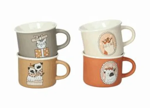 Set 4 cesti de cafea espresso, Dogs and Cats, Brandani, 8x5.5 cm, portelan New Bone China