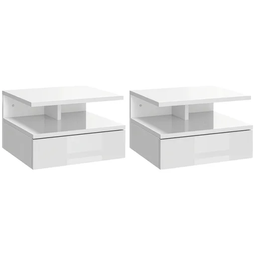 HOMCOM Set de 2 Noptiere Suspendate cu Raft Superior, Design Modern, Lemn, Alb Lucios, 35x32x22.5cm | Aosom Romania