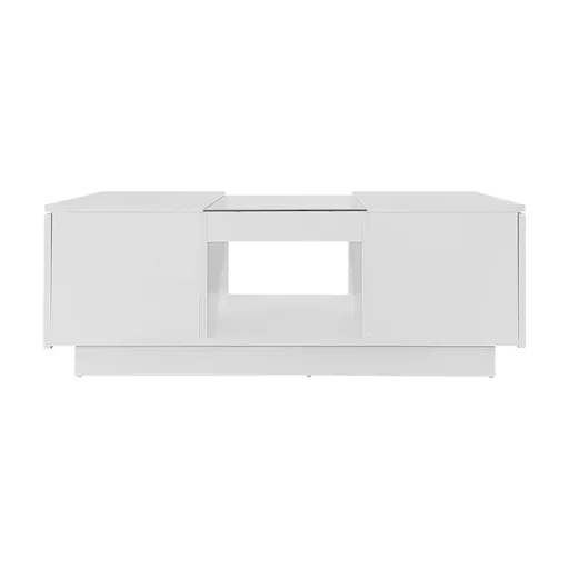 Măsuță de cafea albă cu suprafață din sticlă, iluminare LED, control prin aplicație, 2 sertare și 1 compartiment deschis, 100×50×35,5 cm, Alb