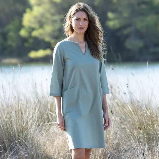 Rochie dreaptă cu buzunare din amestec de bumbac și in