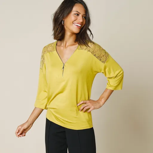 Tricou cu guler în V cu fermoar și dantelă