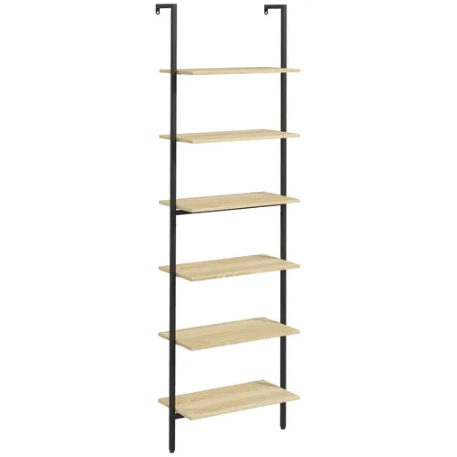 HOMCOM Raft tip scară montabil pe perete, 6 rafturi, stil industrial, oțel negru și lemn natural, 60x30x206 cm | Aosom Romania