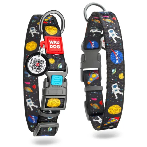 Lesa pentru caini cu scanare QR pasaport Waudog NASA 4738, Dimensiune S, Reglabil 23-35 cm, Pasaport QR,  Fastex, Negru/Imprimeu