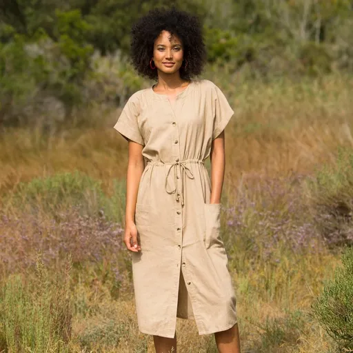 Rochie midi de culoare solidă, bumbac/lin