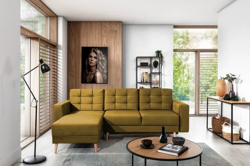 Coltar extensibil reversibil 3 locuri ELTAP, AsgL-58, Asgard, 248x162x93 cm, lemn/poliester, mustar