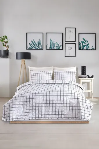 Set cuvertura de pat dubla 3 piese, L'essentiel Maison, Artus, Alb/Negru