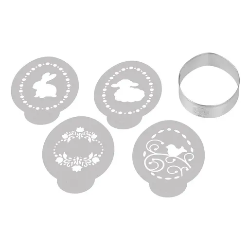 Set ustensile decorative biscuiti pentru Paste  Dr.Oetker 1879, 5 piese, 4 decoratii, 1 matrita, Otel inoxidabil, Argint
