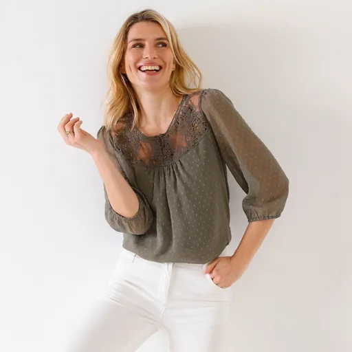 Bluză de culoare solidă cu macrameu