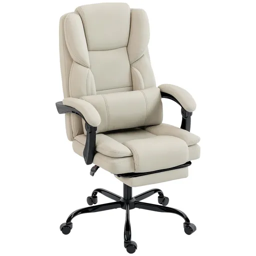 HOMCOM Scaun de birou cu tapiţerie din piele ecologică prietenoasă cu animalele, suport pentru picioare, reglabil pe înălţime, pe roţi, Bej | Aosom Ro