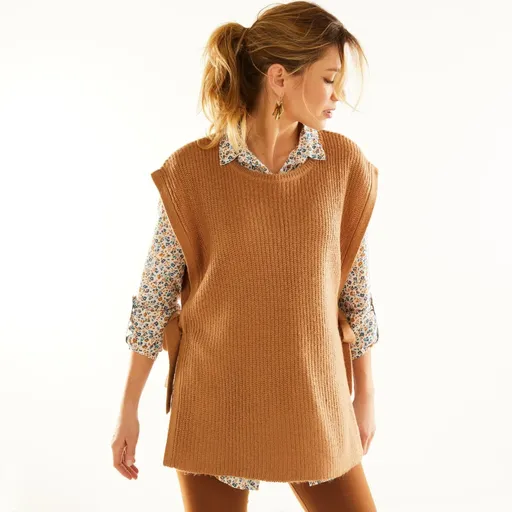 Vestă lungă din tricot neted, cu legături pe laterale, atingere mohair