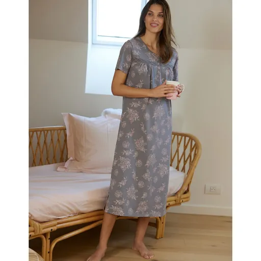 Cămașă de noapte lungă cu mâneci scurte și imprimeu trandafiri