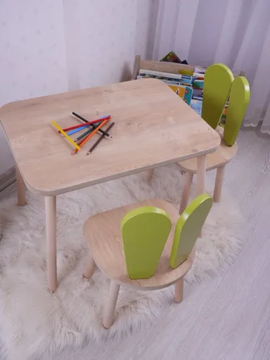 Set masa si scaun pentru copii, Hanah Home, Bunny One Chair Set, Verde fistic / Maro