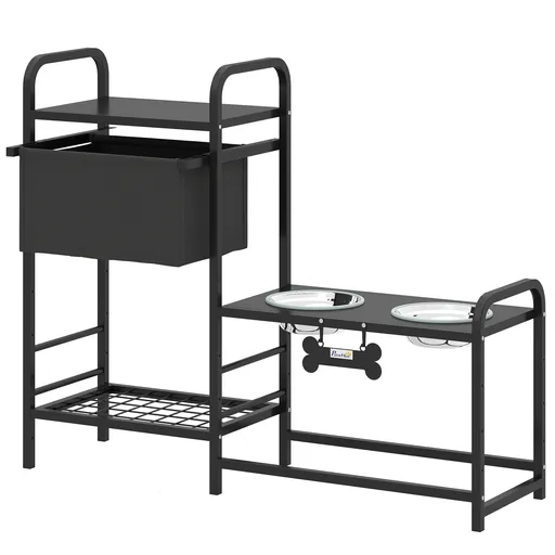 PawHut Bol ridicat pentru câini, reglabil pe înălțime, cu spațiu de depozitare, 2 x boluri din oțel inoxidabil 800 ml, 89,5x27x74 cm, Negru | Aosom Ro