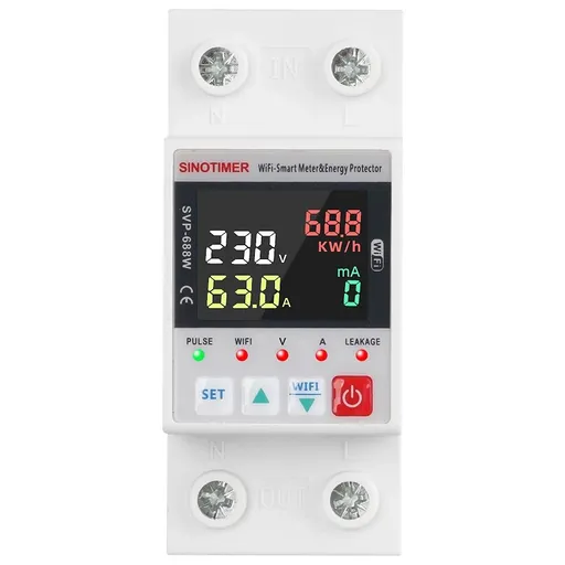 Releu Sinotimer, Wifi Tuya protectie supratensiune, subtensiune, reglabil intre 1-63A, contor energie, SVP688W-C