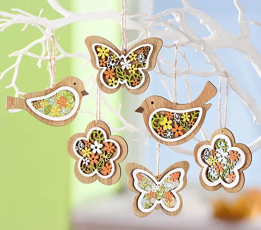 Set de ornamente din lemn pentru agățat Primăvară, set de 6 buc.
