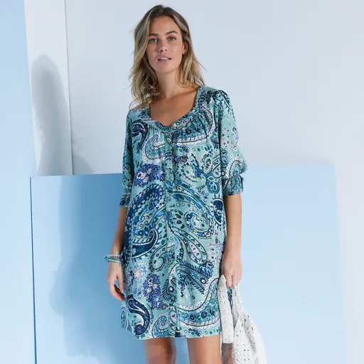 Rochie dreaptă cu imprimeu și mâneci până la cot