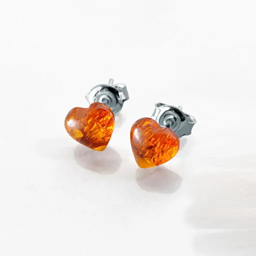 Cercei cu inimioare, chihlimbar și argint