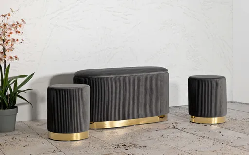 Set bancheta si 2 taburete Shopy, Mauro Ferretti, 80x37x42 cm, 29x35 cm, fier/MDf/poliester, gri/auriu