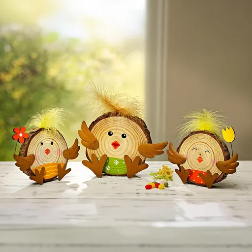 Decorațiune din lemn Puișori, set de 3 bucăți