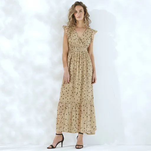 Rochie lungă din voal cu efect de înfășurare și imprimeu cu buline