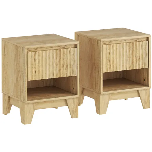 HOMCOM Set de 2 noptiere înguste, măsuță auxiliară compartiment deschis 1 sertar, panouri canelate 43x40x55cm natural | Aosom Romania