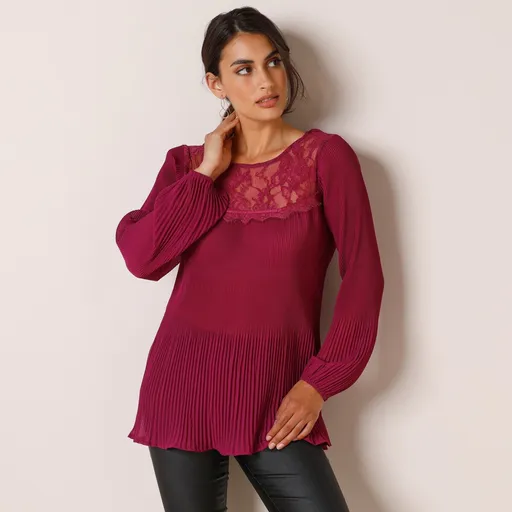 Bluză plisată din voal cu dantelă