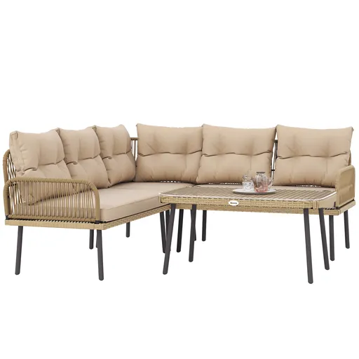 Outsunny Set de Mobilier de Grădină din 4 Piese cu 2 Canapele,  Fotoliu de Colț și Măsuță de Cafea, 100x68x74 cm, Bej | Aosom Romania