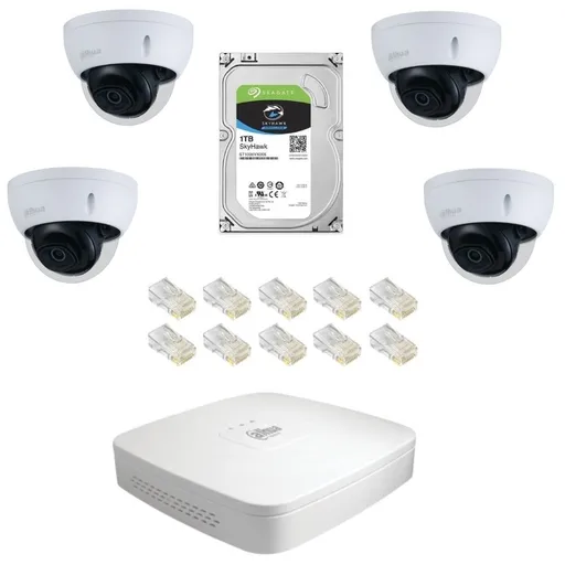 Sistem de supraveghere IP Dahua DH-4CINT30MIP-5MPA cu 4 camere dome de 5MP, IR 30m, POE, IK10, IP67