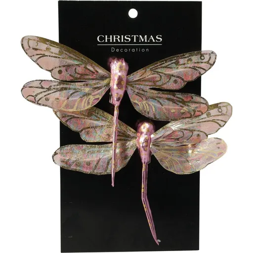 Set de decorațiuni de Crăciun Libelula roz, 13,5cm, 2 bucăți, roz