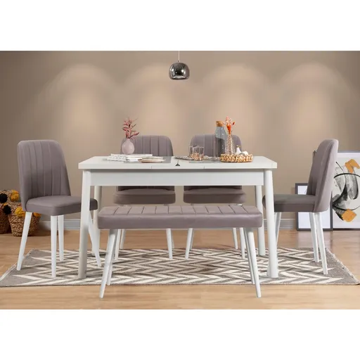 Set masa extensibila si scaune, Hanah Home, Santiago White Grey, Alb/Gri
