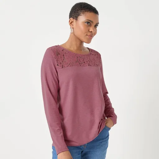 Tricou cu decolteu rotund, mâneci lungi și dantelă