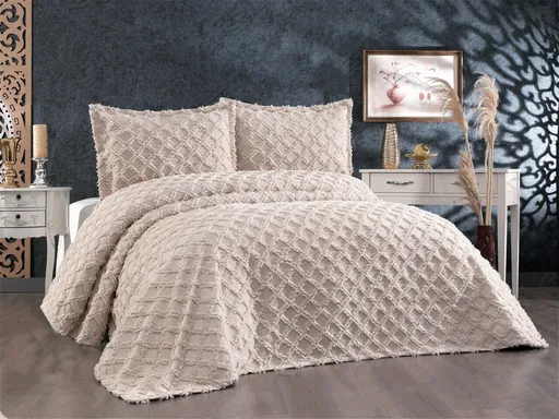 Set cuvertura de pat dubla 3 piese, L'essentiel Maison, Harem, Tesatura Chenille, Cappuccino