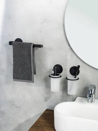 Dozator sapun lichid Bivio, Wenko, 8.5x10.5x16.5 cm, aluminiu/sticla, negru/alb