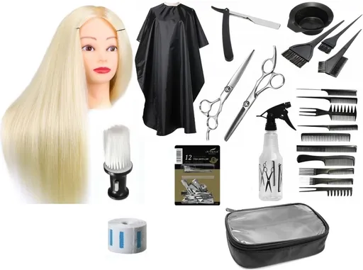 Set Start Cap Practica si Accesorii Ustensile Frizerie Coafor Foarfeca Tuns Filat Manta Brici