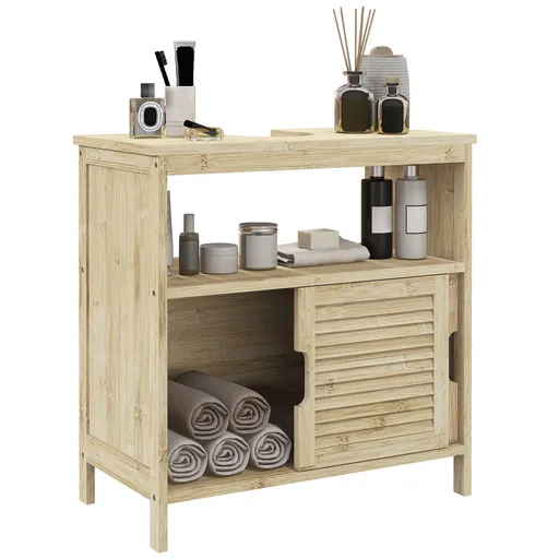 HOMCOM Mobilă sub lavabo din Bambus, Mobilă de Depozitare pentru Baie cu 2 Uși, 60 x 30 x 60 cm, Lemn Natural | Aosom Romania