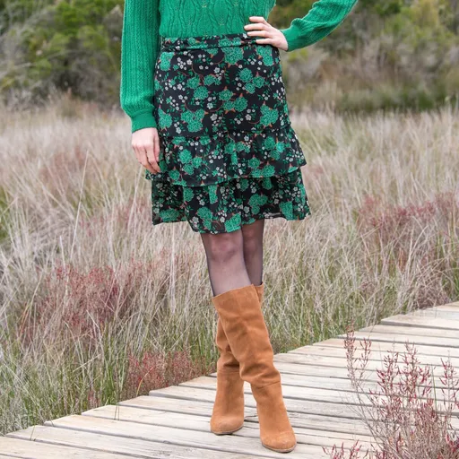 Fustă cu volane imprimată în culori solide