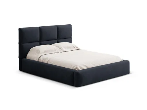 Pat tapitat cu somiera rabatabila si lada depozitare, 140x200 cm, Windsor & Co, Libera, catifea, albastru inchis