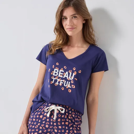 Top de pijama cu mânecă scurtă și imprimeu central frumos