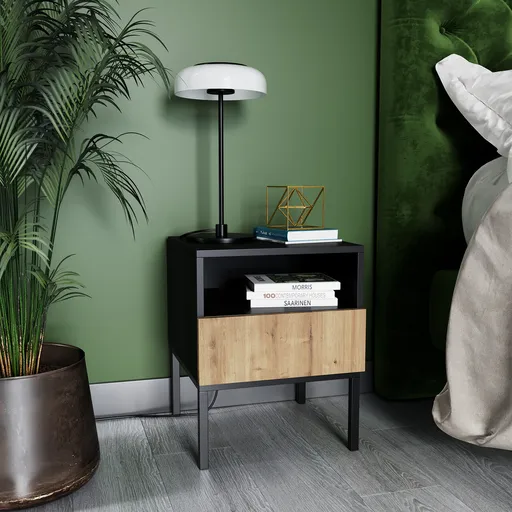 Noptiera ELTAP, Lanzzi, 40x40x50 cm, MDF laminat, negru/stejar