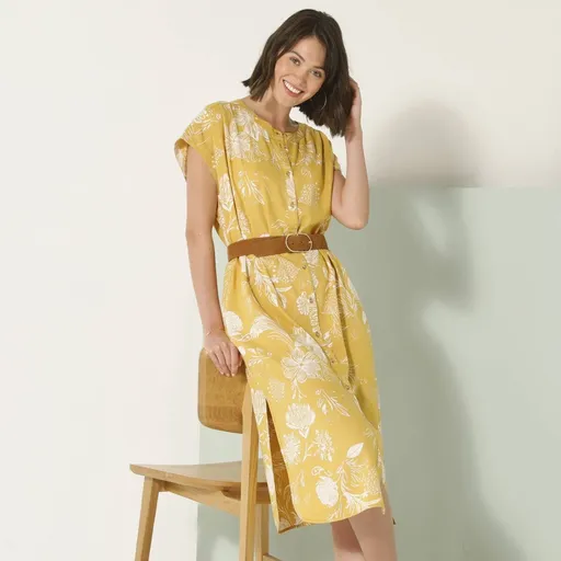 Rochie midi cu nasturi și imprimeu cu plante