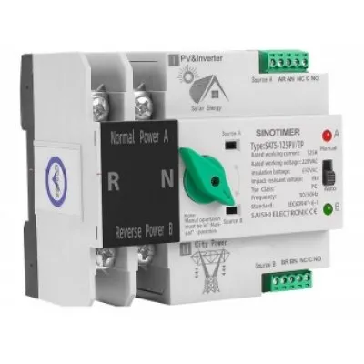 Comutator de transfer, PV, 2P cu sina DIN, SINOTIMER, comutatoare de selectie automata de transfer cu dubla alimentare, 12 ATS125PV-2P / 0737214300335