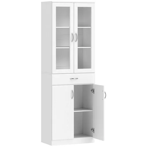 HOMCOM Dulap de bucătărie Bufet cu raft reglabil, sertar, 2 uși, dulap înalt cu ușă din sticlă, 60 x 35 x 180 cm, Alb | Aosom Romania